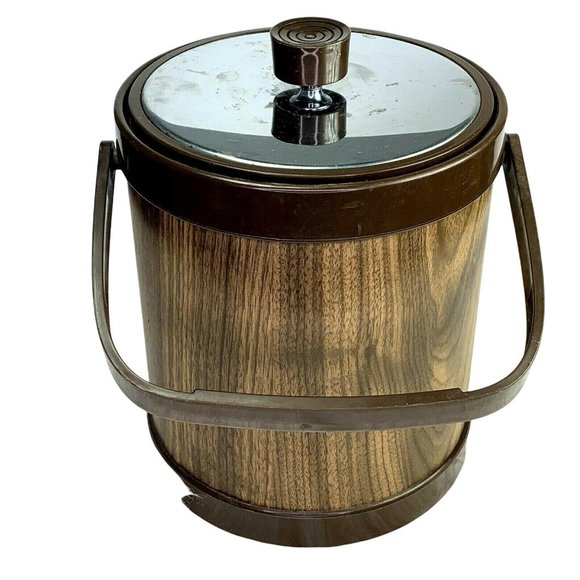 Vintage Atapco Ice Bucket Brown Woodgrain Look Top Handle Lid Bar Cart Mancave - Picture 1 of 7